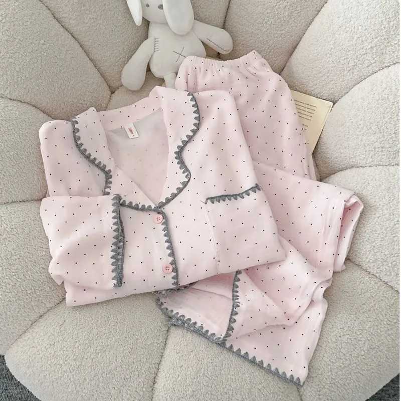 Spring and Autumn New Ins Style Pajamas for Women Long Sleeve Long Pants Cardigan Lapel Homewear · Wholesale · OEM · Worldwide Shipping - View 2