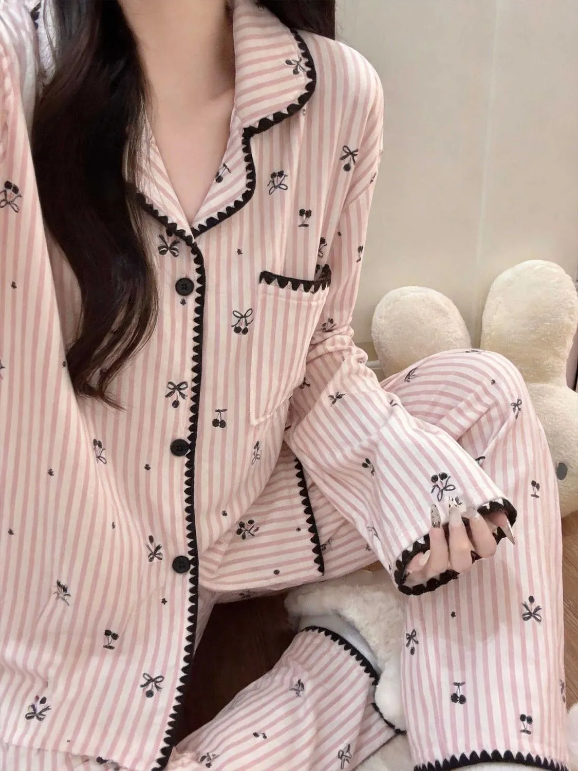 봄가을 신상 ins풍 파자마 여성 긴팔 긴바지 카디건 칼라 귀여운 홈웨어 · 도매 · OEM · 전 세계 배송 - Detail 4