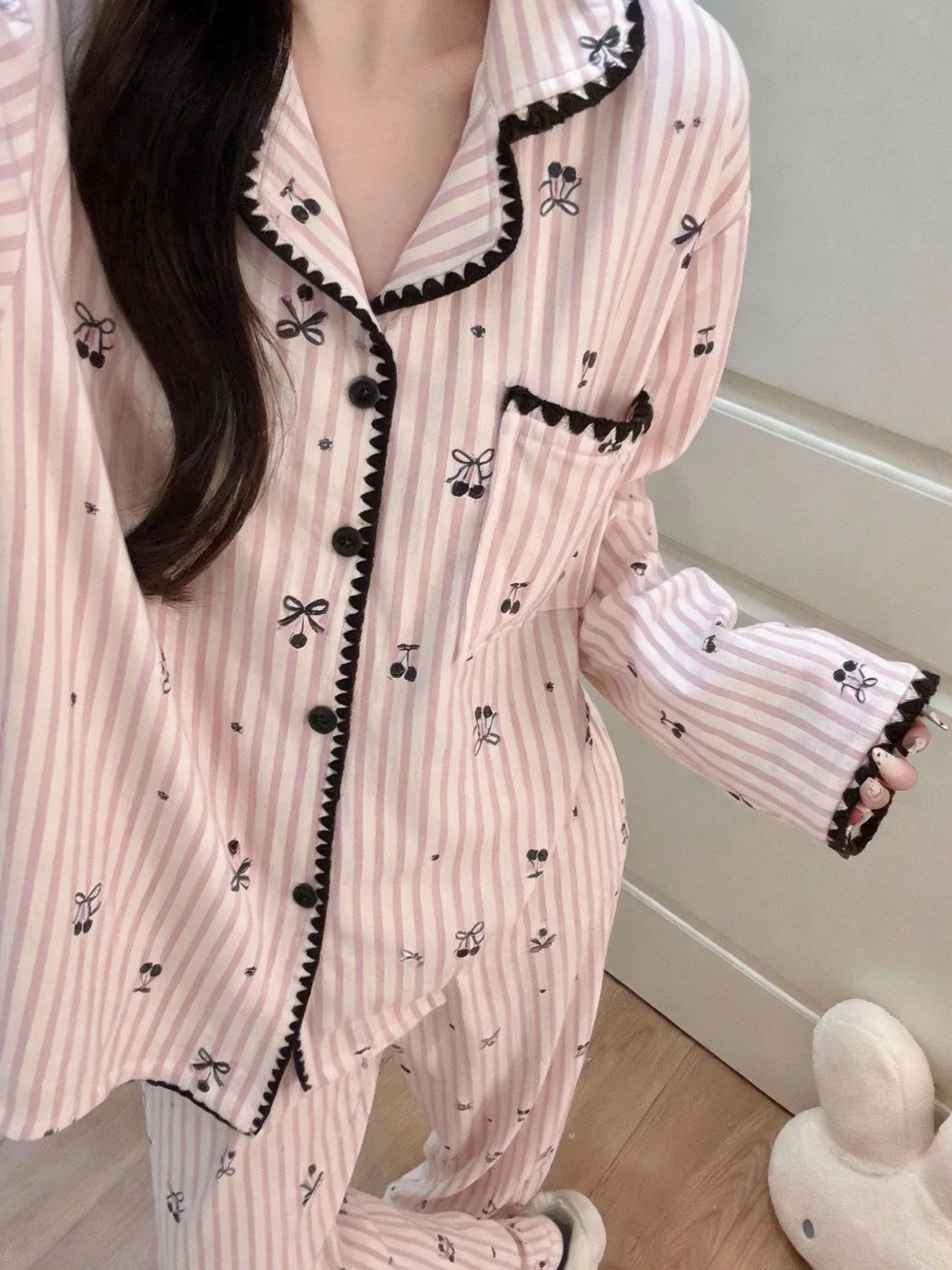 봄가을 신상 ins풍 파자마 여성 긴팔 긴바지 카디건 칼라 귀여운 홈웨어 · 도매 · OEM · 전 세계 배송 - Detail 5
