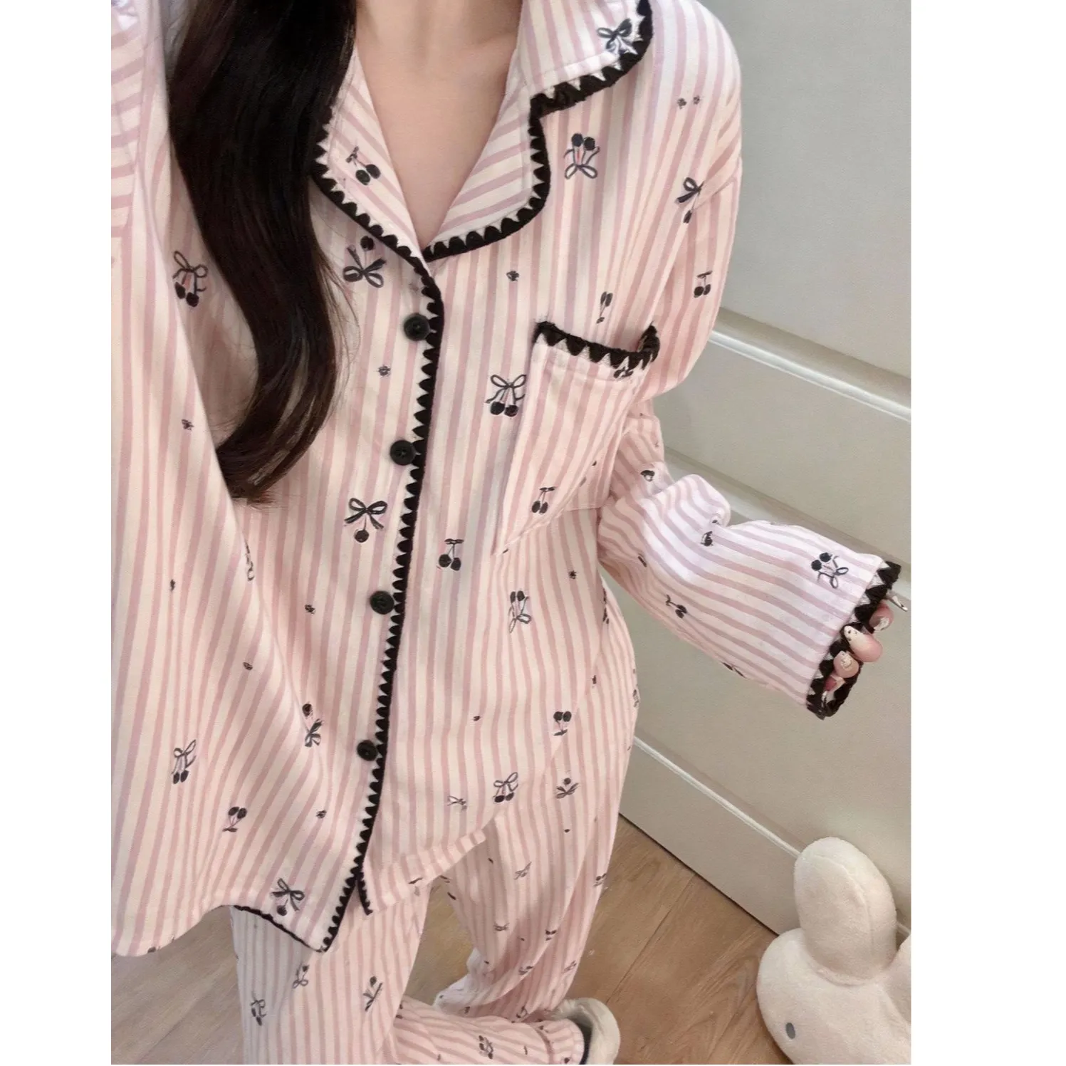 봄가을 신상 ins풍 파자마 여성 긴팔 긴바지 카디건 칼라 귀여운 홈웨어 · 도매 · OEM · 전 세계 배송 - View 4