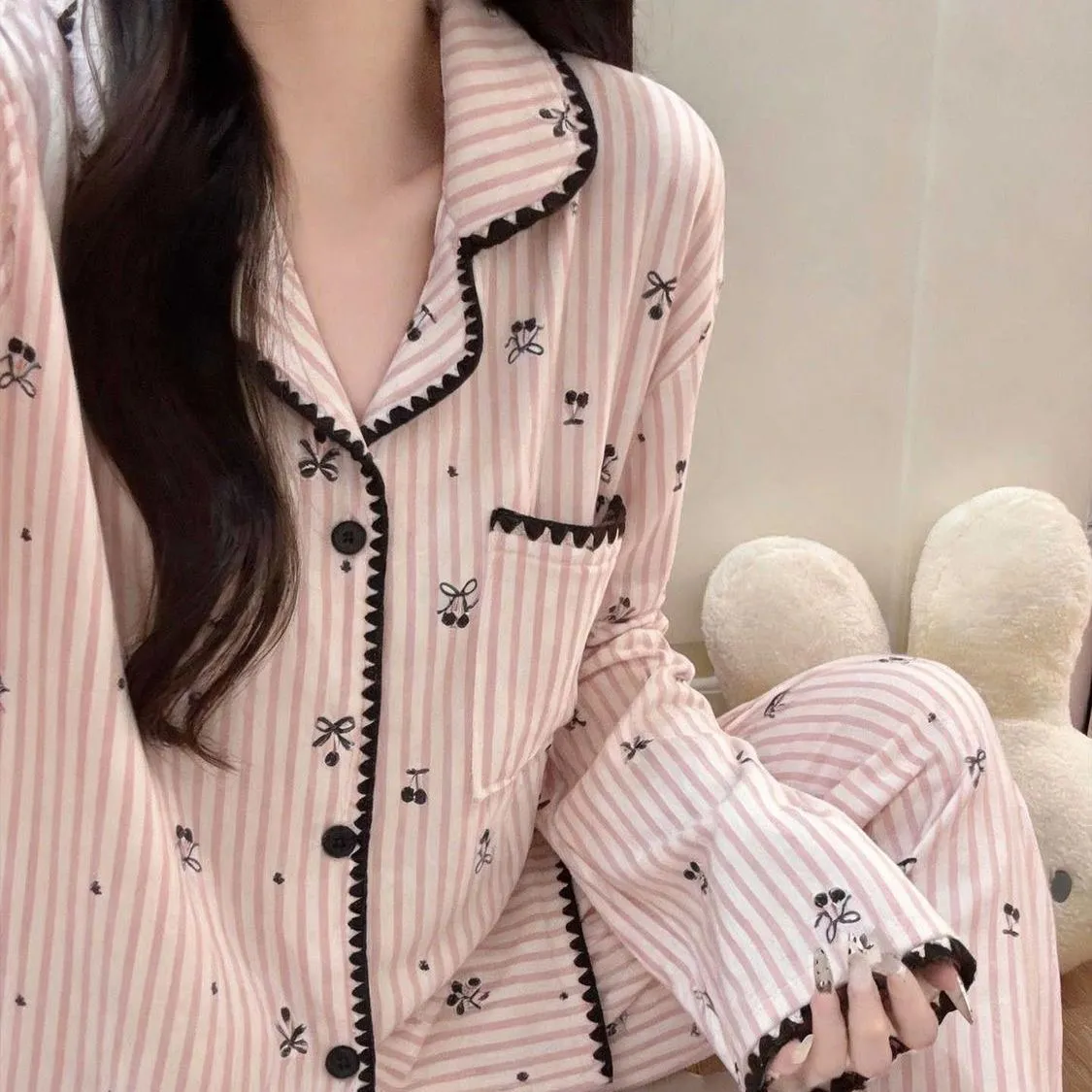 봄가을 신상 ins풍 파자마 여성 긴팔 긴바지 카디건 칼라 귀여운 홈웨어 · 도매 · OEM · 전 세계 배송 - Detail 2