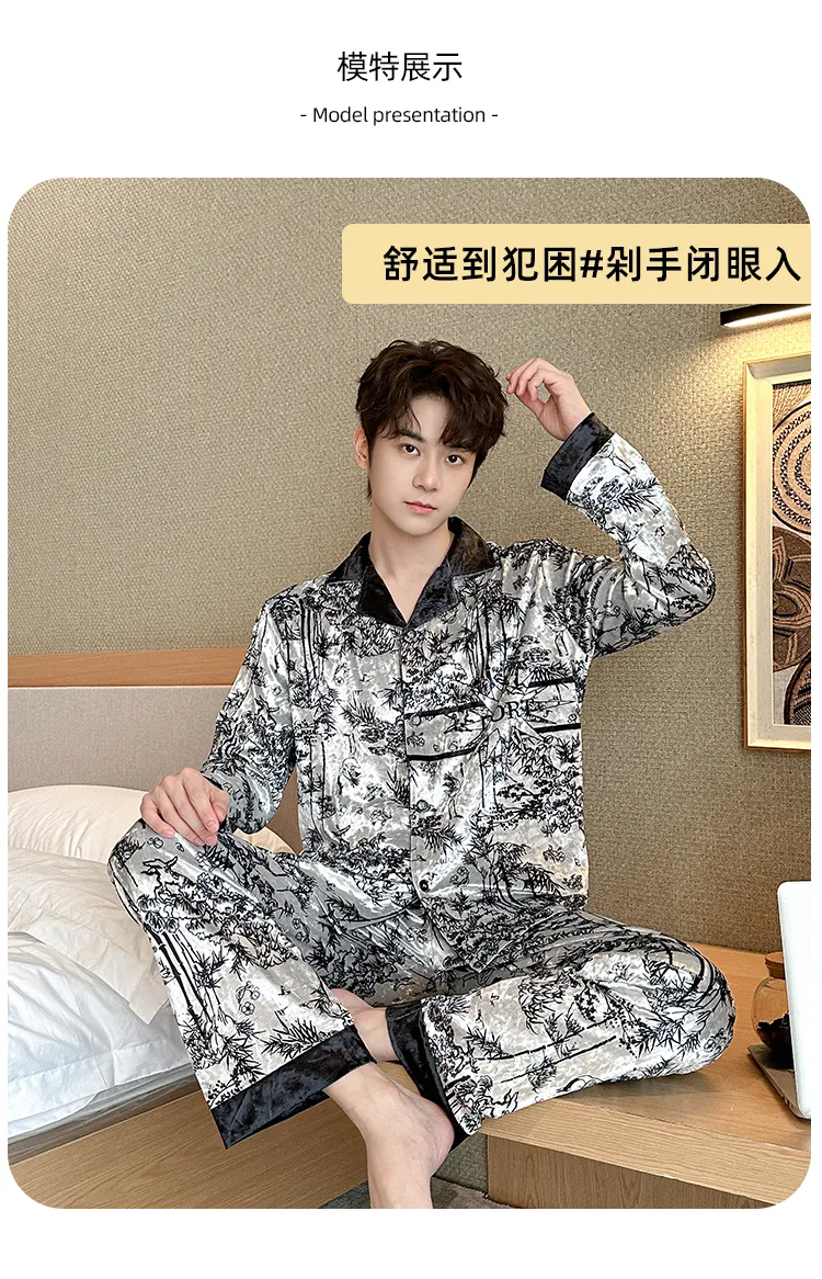 Men's Autumn Winter Pajamas Gold Velvet Korean Style Fashion Plus Size 2026 New Cardigan Diamond Velvet Homewear Set · Wholesale · OEM · Worldwide Shipping - Detail 8