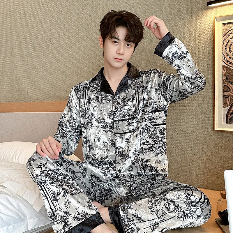 Men's Autumn Winter Pajamas Gold Velvet Korean Style Fashion Plus Size 2026 New Cardigan Diamond Velvet Homewear Set · Wholesale · OEM · Worldwide Shipping - View 3