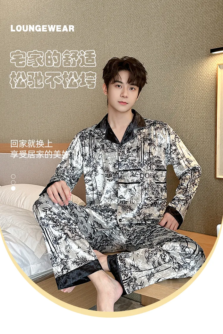 Men's Autumn Winter Pajamas Gold Velvet Korean Style Fashion Plus Size 2026 New Cardigan Diamond Velvet Homewear Set · Wholesale · OEM · Worldwide Shipping - Detail 1