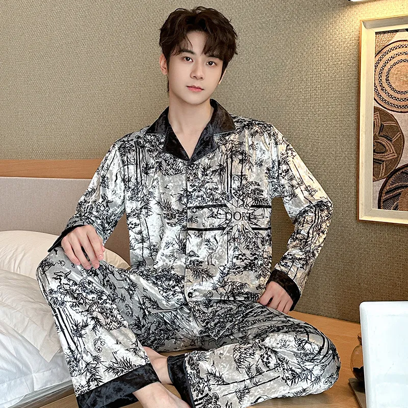 Men's Autumn Winter Pajamas Gold Velvet Korean Style Fashion Plus Size 2026 New Cardigan Diamond Velvet Homewear Set · Wholesale · OEM · Worldwide Shipping - View 4
