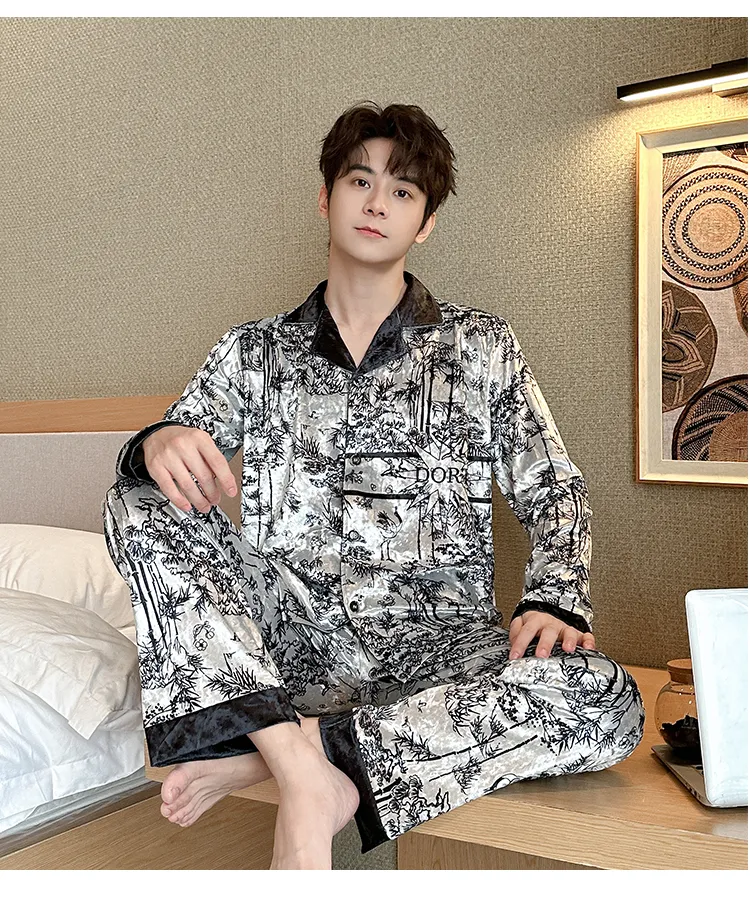 Men's Autumn Winter Pajamas Gold Velvet Korean Style Fashion Plus Size 2026 New Cardigan Diamond Velvet Homewear Set · Wholesale · OEM · Worldwide Shipping - Detail 7