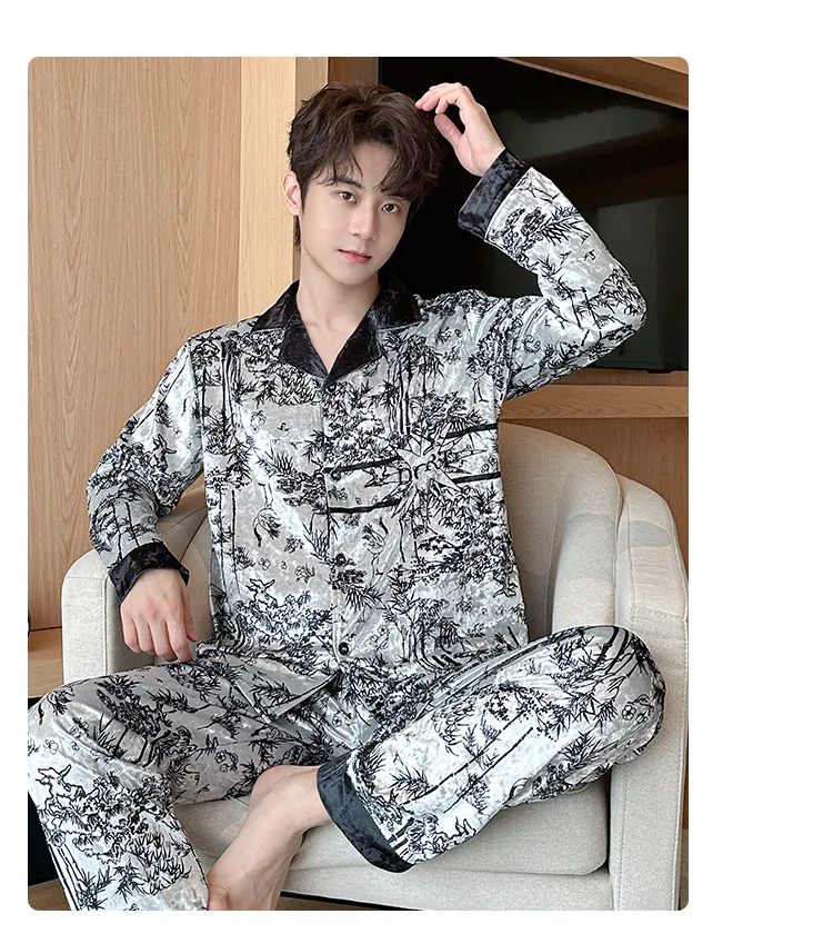 Men's Autumn Winter Pajamas Gold Velvet Korean Style Fashion Plus Size 2026 New Cardigan Diamond Velvet Homewear Set · Wholesale · OEM · Worldwide Shipping - Detail 13