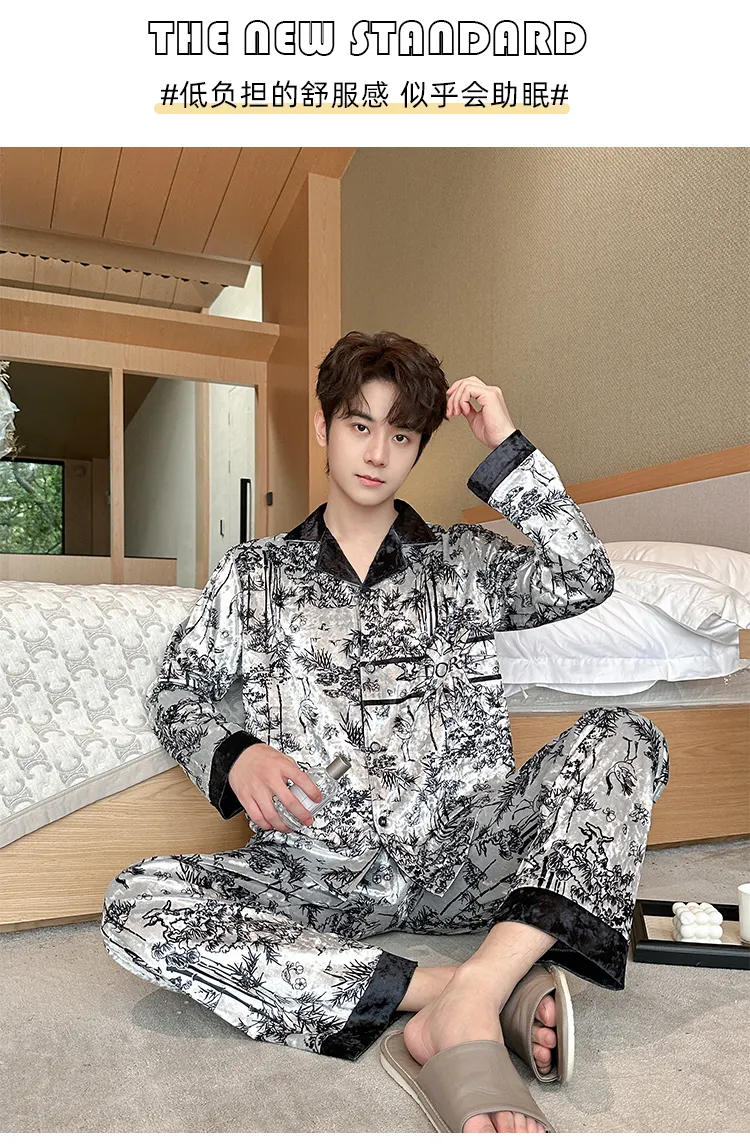 Men's Autumn Winter Pajamas Gold Velvet Korean Style Fashion Plus Size 2026 New Cardigan Diamond Velvet Homewear Set · Wholesale · OEM · Worldwide Shipping - Detail 10