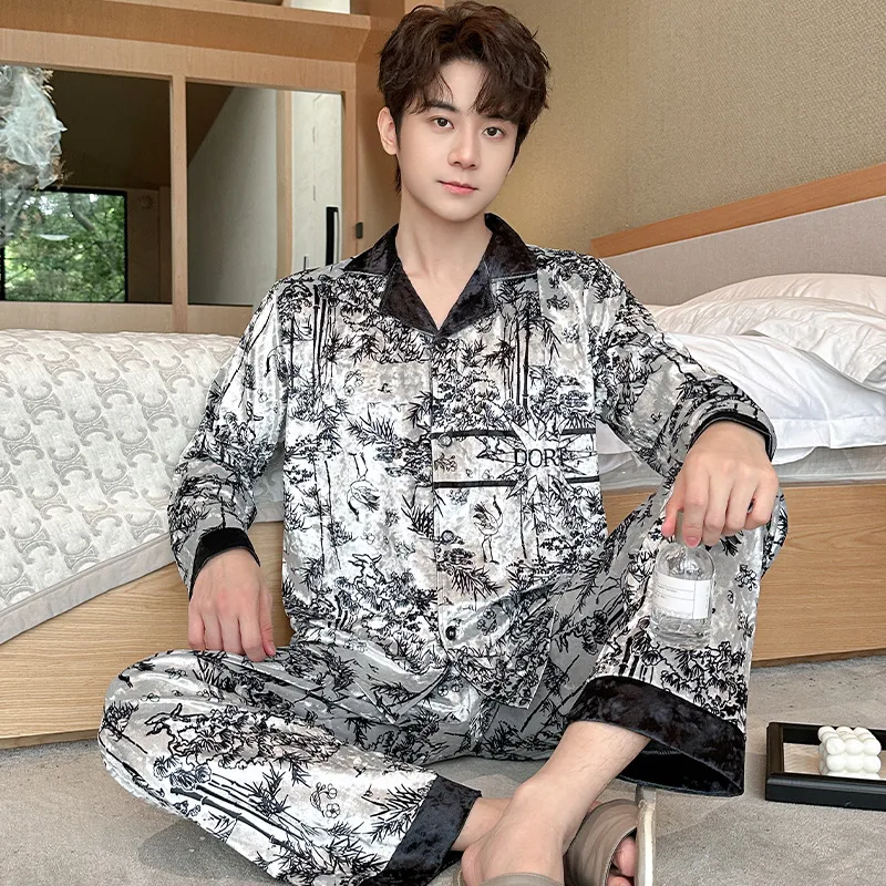 Men's Autumn Winter Pajamas Gold Velvet Korean Style Fashion Plus Size 2026 New Cardigan Diamond Velvet Homewear Set · Wholesale · OEM · Worldwide Shipping - View 1