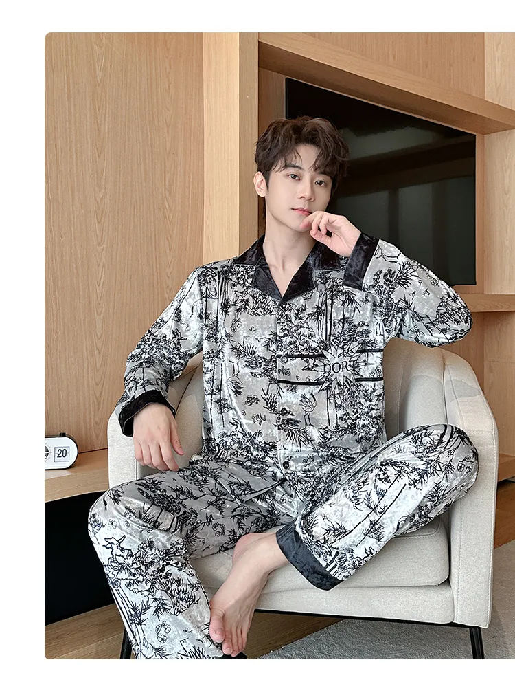 Men's Autumn Winter Pajamas Gold Velvet Korean Style Fashion Plus Size 2026 New Cardigan Diamond Velvet Homewear Set · Wholesale · OEM · Worldwide Shipping - Detail 14