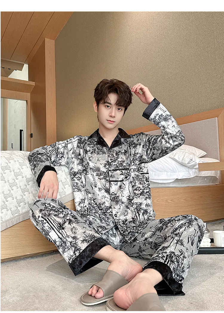 Men's Autumn Winter Pajamas Gold Velvet Korean Style Fashion Plus Size 2026 New Cardigan Diamond Velvet Homewear Set · Wholesale · OEM · Worldwide Shipping - Detail 12
