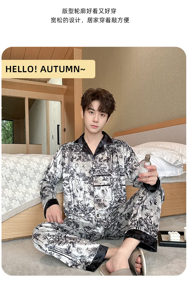 Men's Autumn Winter Pajamas Gold Velvet Korean Style Fashion Plus Size 2026 New Cardigan Diamond Velvet Homewear Set · Wholesale · OEM · Worldwide Shipping - Detail 9