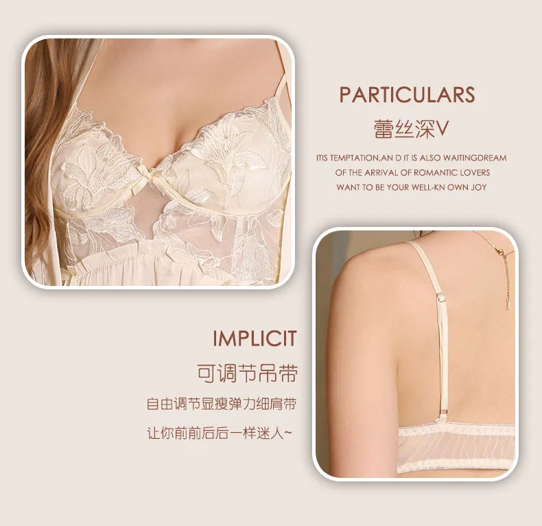 Women's Cream-Style Backless Sleepwear, Embroidered Floral Lace Panel Ice Silk Nightgown Set, Premium Western-Style Design · Wholesale · OEM · Worldwide Shipping - Detail 3