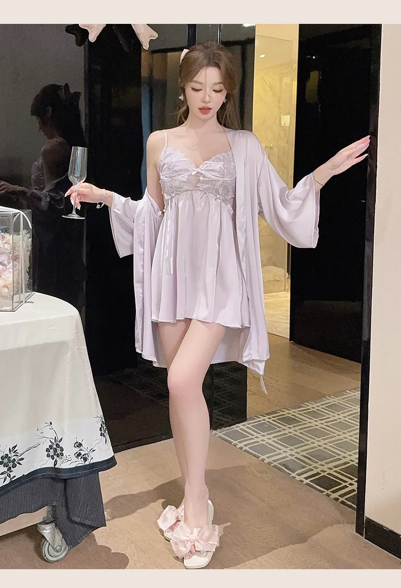 Women's Cream-Style Backless Sleepwear, Embroidered Floral Lace Panel Ice Silk Nightgown Set, Premium Western-Style Design · Wholesale · OEM · Worldwide Shipping - Detail 20