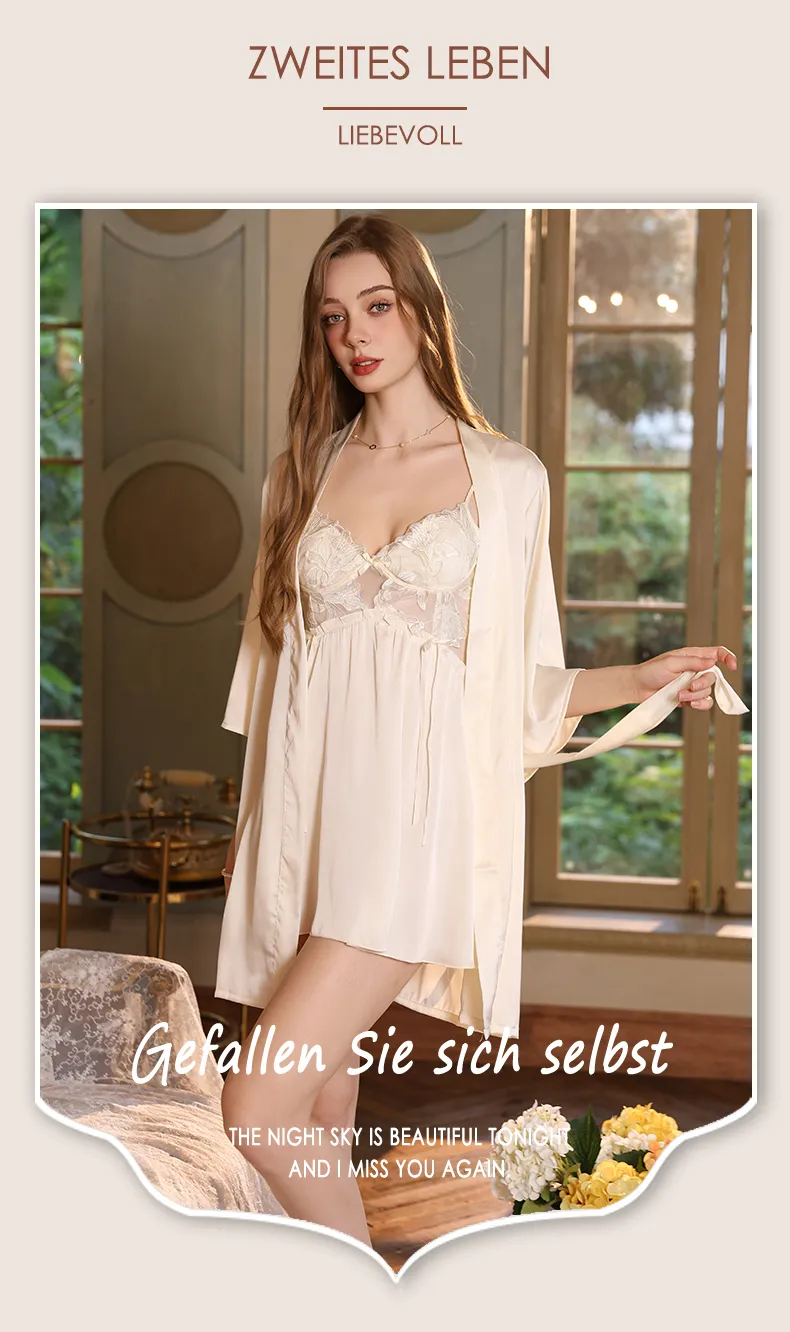 Women's Cream-Style Backless Sleepwear, Embroidered Floral Lace Panel Ice Silk Nightgown Set, Premium Western-Style Design · Wholesale · OEM · Worldwide Shipping - Detail 12