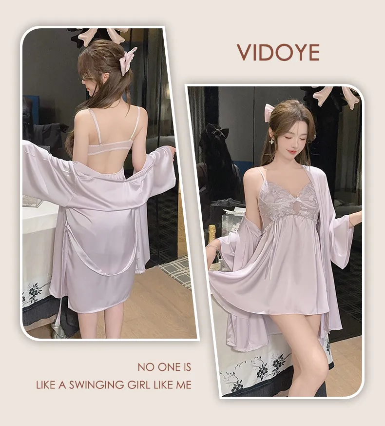 Women's Cream-Style Backless Sleepwear, Embroidered Floral Lace Panel Ice Silk Nightgown Set, Premium Western-Style Design · Wholesale · OEM · Worldwide Shipping - Detail 23