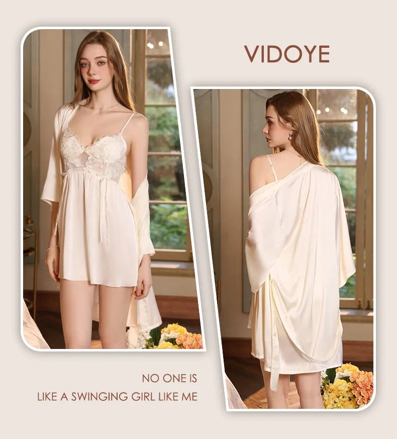Women's Cream-Style Backless Sleepwear, Embroidered Floral Lace Panel Ice Silk Nightgown Set, Premium Western-Style Design · Wholesale · OEM · Worldwide Shipping - Detail 8