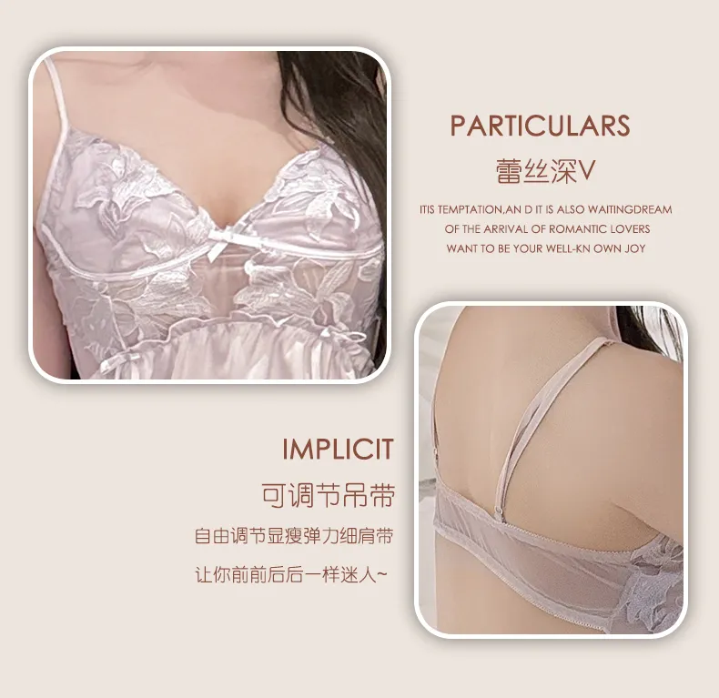 Women's Cream-Style Backless Sleepwear, Embroidered Floral Lace Panel Ice Silk Nightgown Set, Premium Western-Style Design · Wholesale · OEM · Worldwide Shipping - Detail 19