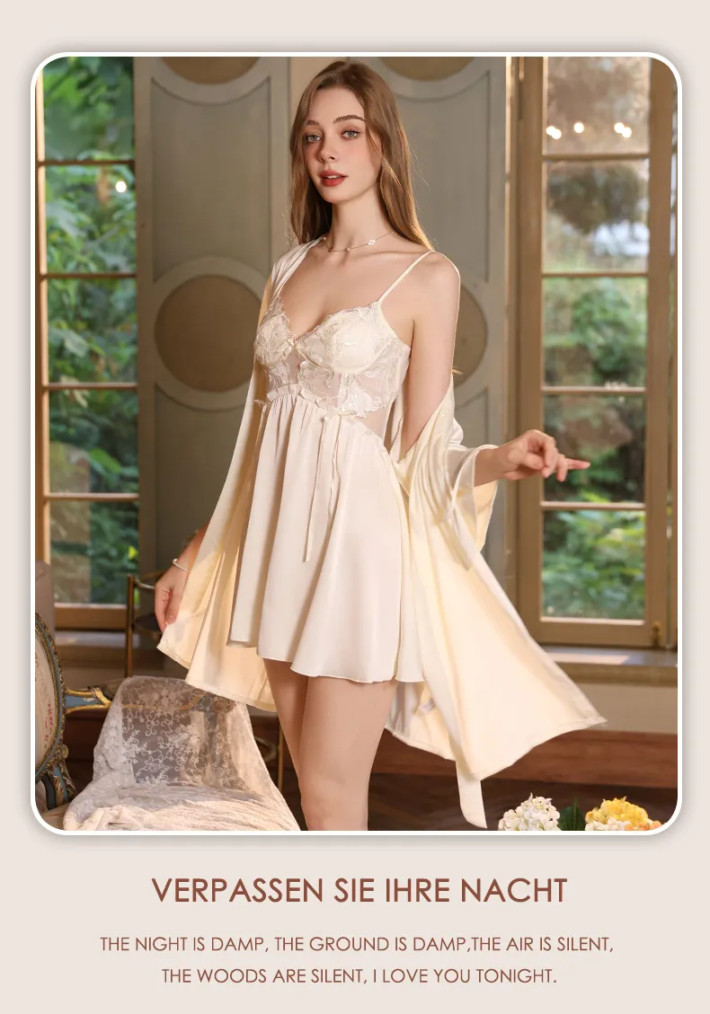 Women's Cream-Style Backless Sleepwear, Embroidered Floral Lace Panel Ice Silk Nightgown Set, Premium Western-Style Design · Wholesale · OEM · Worldwide Shipping - Detail 10