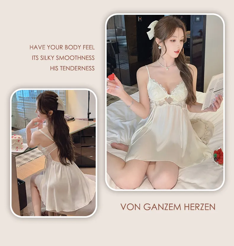 Women's Cream-Style Backless Sleepwear, Embroidered Floral Lace Panel Ice Silk Nightgown Set, Premium Western-Style Design · Wholesale · OEM · Worldwide Shipping - Detail 34