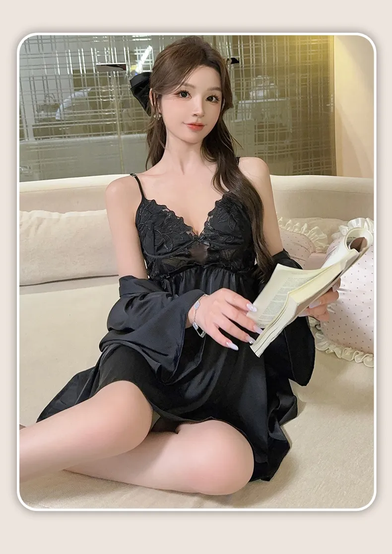 Women's Cream-Style Backless Sleepwear, Embroidered Floral Lace Panel Ice Silk Nightgown Set, Premium Western-Style Design · Wholesale · OEM · Worldwide Shipping - Detail 37