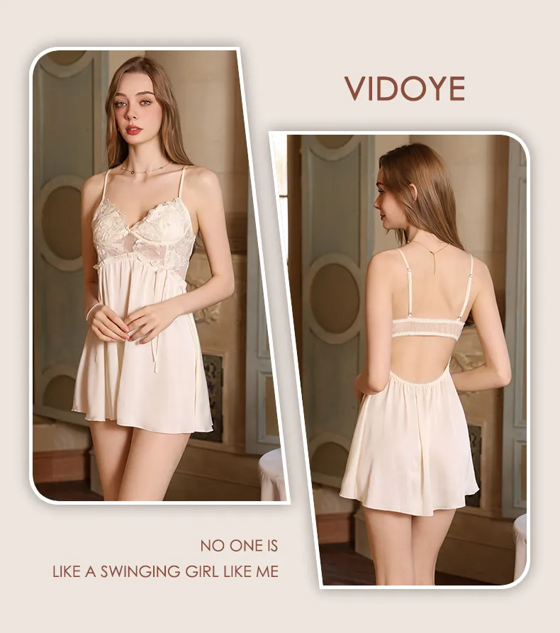 Women's Cream-Style Backless Sleepwear, Embroidered Floral Lace Panel Ice Silk Nightgown Set, Premium Western-Style Design · Wholesale · OEM · Worldwide Shipping - Detail 16