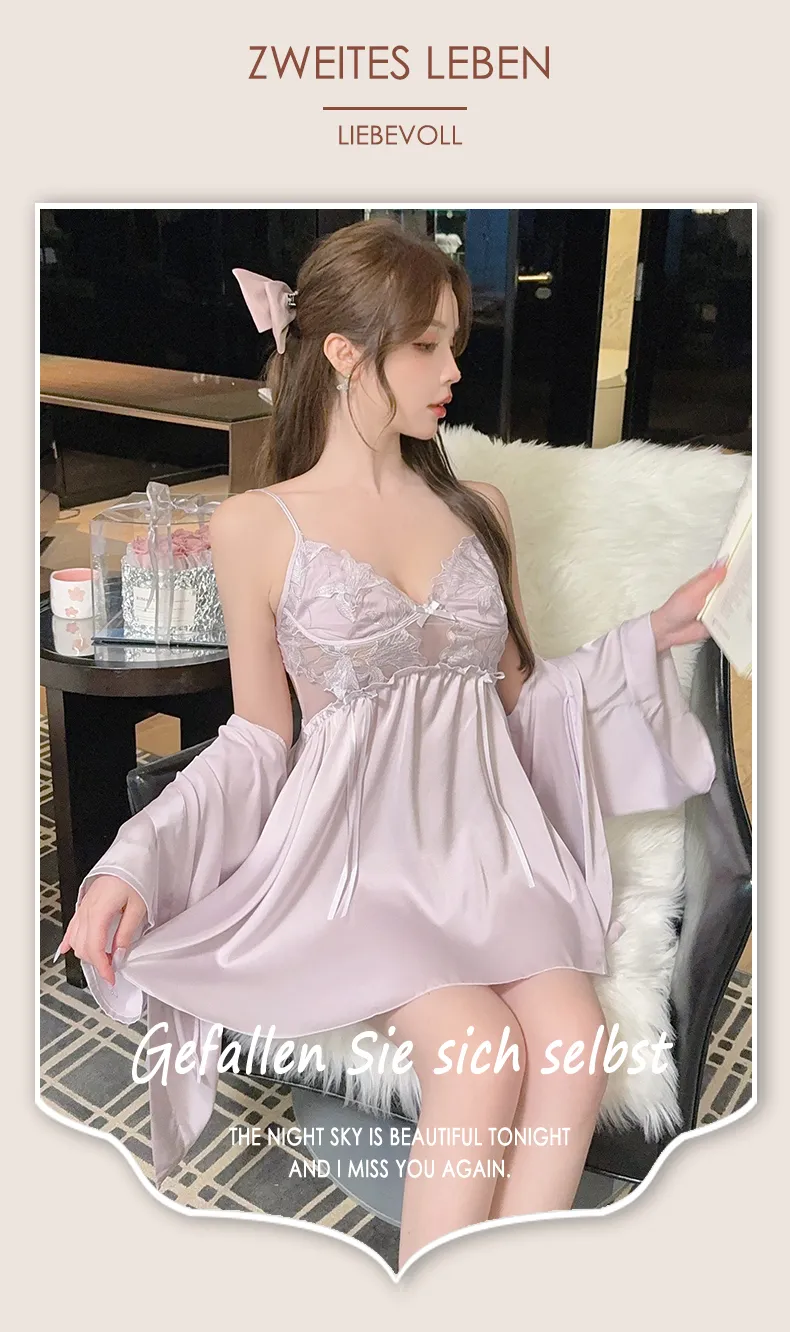 Women's Cream-Style Backless Sleepwear, Embroidered Floral Lace Panel Ice Silk Nightgown Set, Premium Western-Style Design · Wholesale · OEM · Worldwide Shipping - Detail 27