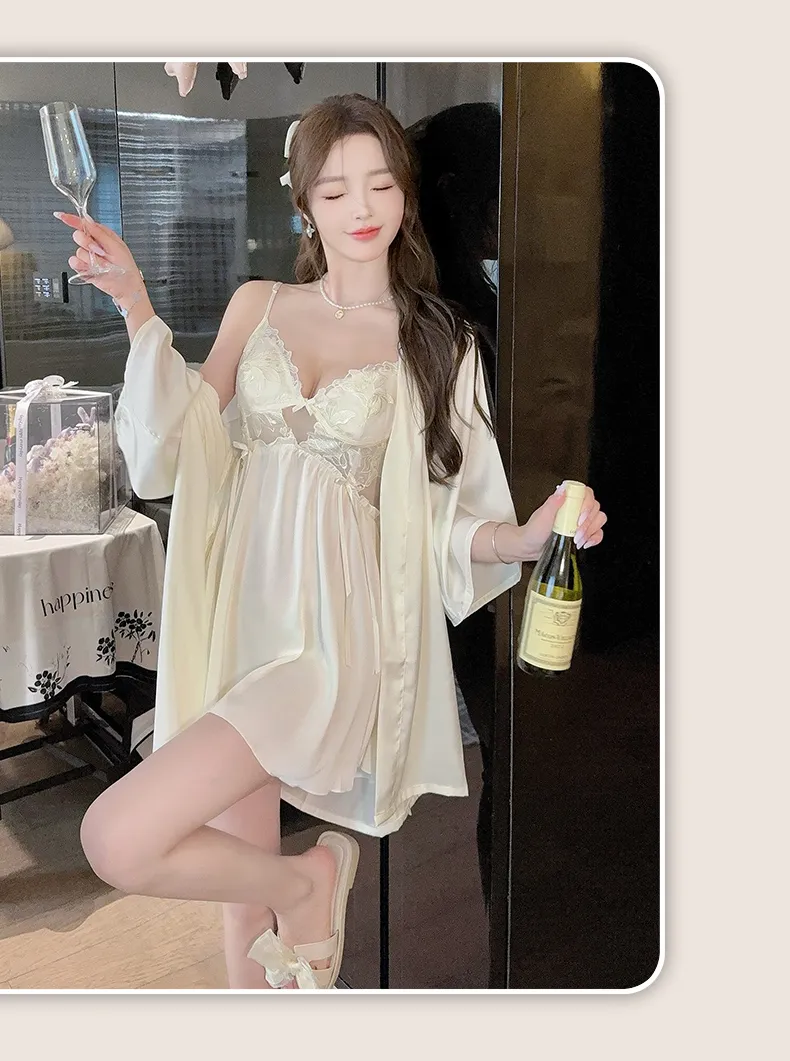 Women's Cream-Style Backless Sleepwear, Embroidered Floral Lace Panel Ice Silk Nightgown Set, Premium Western-Style Design · Wholesale · OEM · Worldwide Shipping - Detail 32