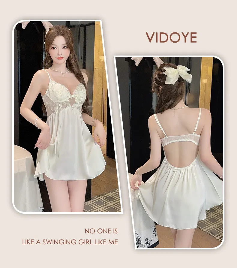 Women's Cream-Style Backless Sleepwear, Embroidered Floral Lace Panel Ice Silk Nightgown Set, Premium Western-Style Design · Wholesale · OEM · Worldwide Shipping - Detail 30