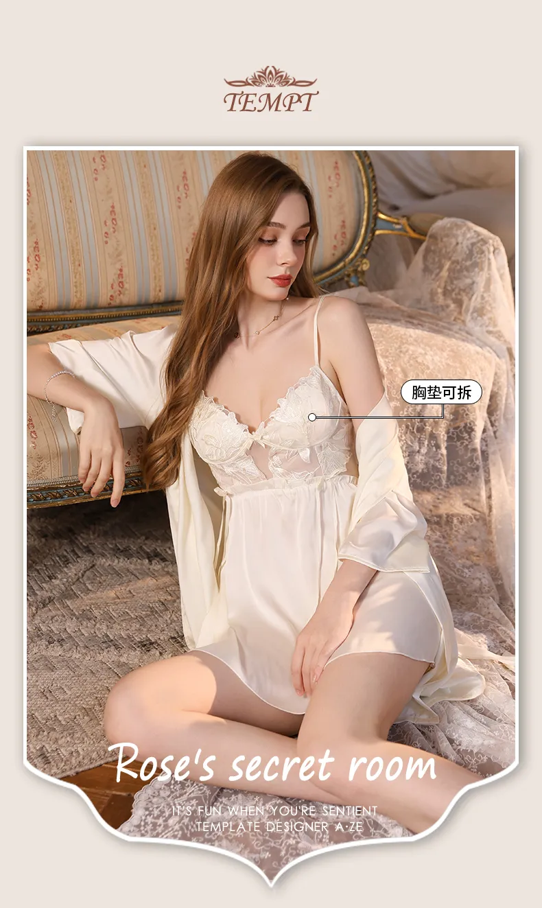 Women's Cream-Style Backless Sleepwear, Embroidered Floral Lace Panel Ice Silk Nightgown Set, Premium Western-Style Design · Wholesale · OEM · Worldwide Shipping - Detail 1