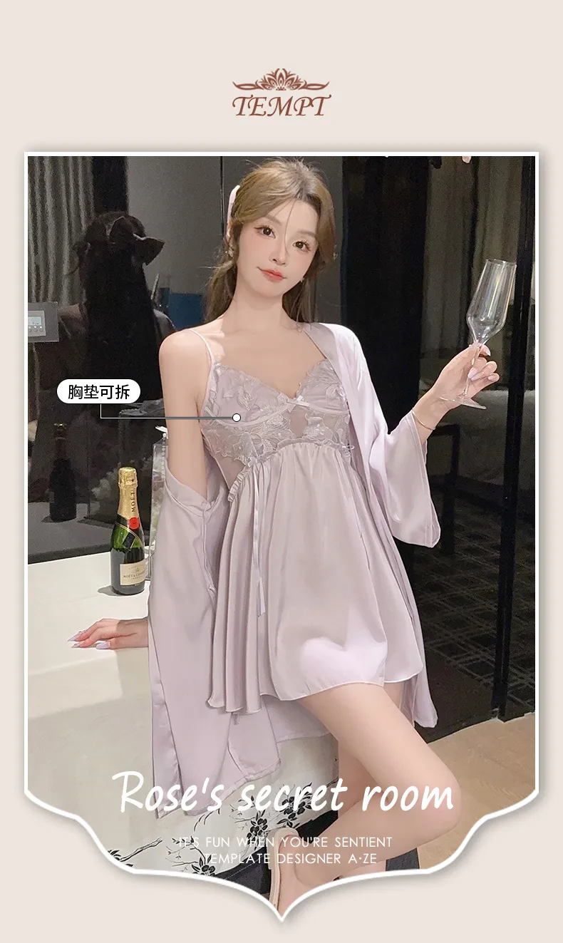 Women's Cream-Style Backless Sleepwear, Embroidered Floral Lace Panel Ice Silk Nightgown Set, Premium Western-Style Design · Wholesale · OEM · Worldwide Shipping - Detail 17