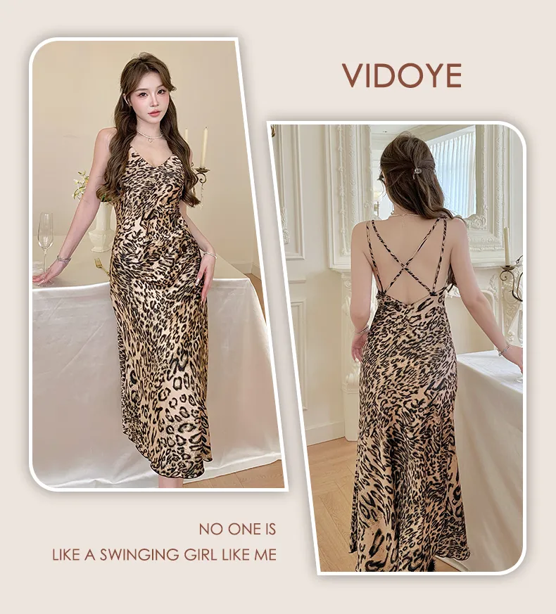 Women's French Premium Leopard Print Ice Silk Sleepwear Set, Camisole Nightgown with Padding and Robe, Two-Piece Western-Style Loungewear · Wholesale · OEM · Worldwide Shipping - Detail 8