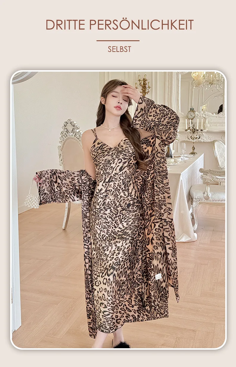 Women's French Premium Leopard Print Ice Silk Sleepwear Set, Camisole Nightgown with Padding and Robe, Two-Piece Western-Style Loungewear · Wholesale · OEM · Worldwide Shipping - Detail 16