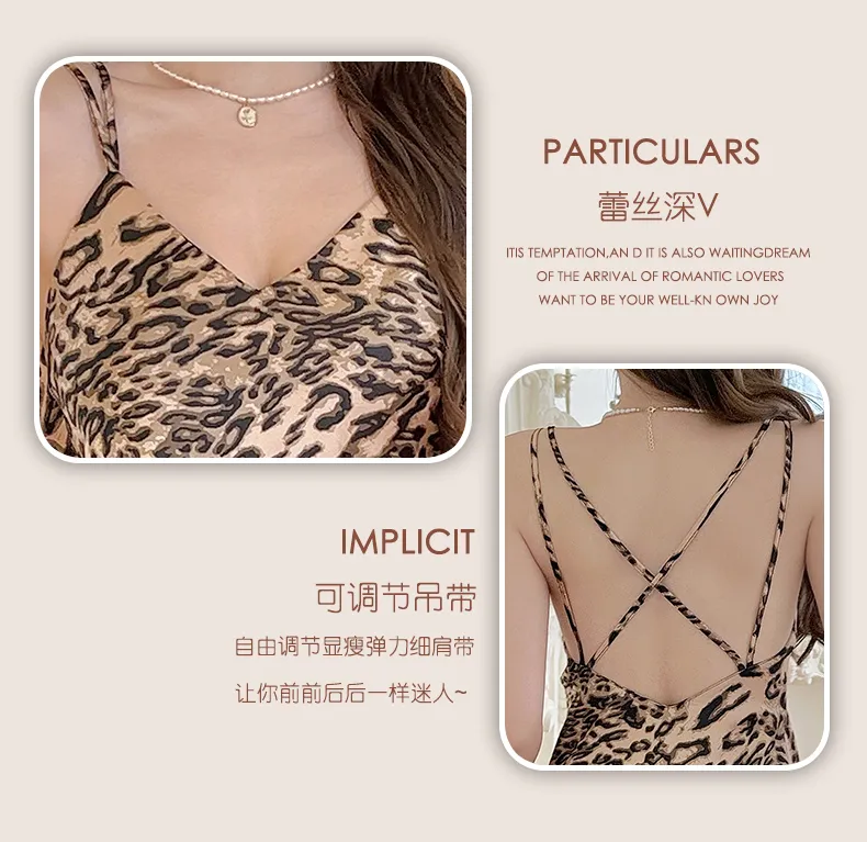 Women's French Premium Leopard Print Ice Silk Sleepwear Set, Camisole Nightgown with Padding and Robe, Two-Piece Western-Style Loungewear · Wholesale · OEM · Worldwide Shipping - Detail 3