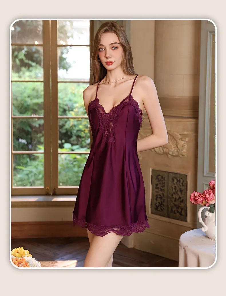 Women's Light Luxury Sexy Backless Sleepwear, Silky Lace Panel Camisole Nightgown with Padding, Grape Purple, Premium Western Style · Wholesale · OEM · Worldwide Shipping - Detail 15