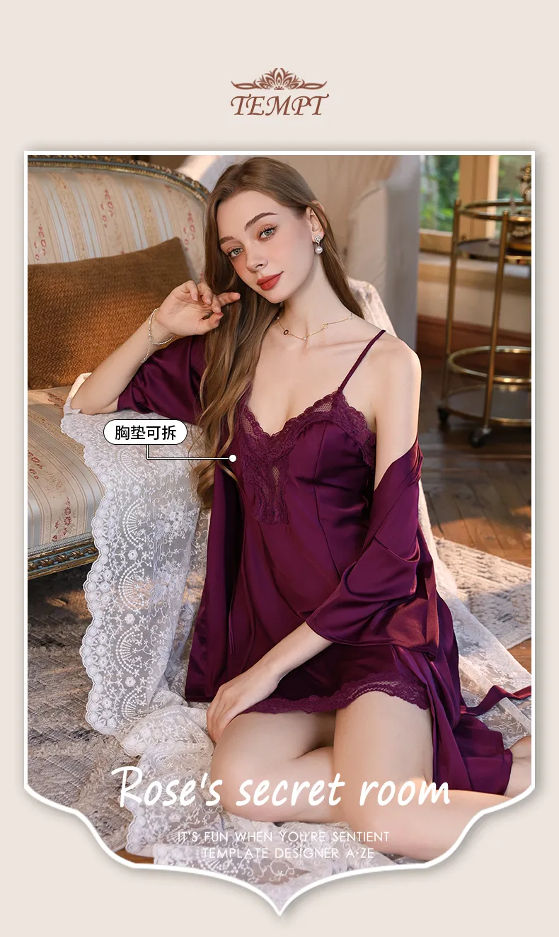 Women's Light Luxury Sexy Backless Sleepwear, Silky Lace Panel Camisole Nightgown with Padding, Grape Purple, Premium Western Style · Wholesale · OEM · Worldwide Shipping - Detail 1