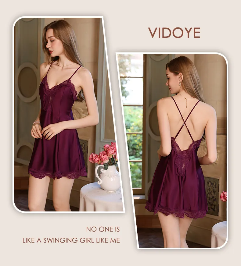 Women's Light Luxury Sexy Backless Sleepwear, Silky Lace Panel Camisole Nightgown with Padding, Grape Purple, Premium Western Style · Wholesale · OEM · Worldwide Shipping - Detail 9