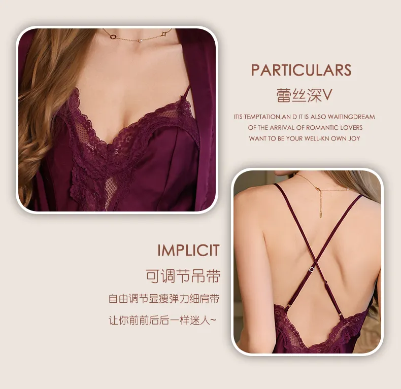 Women's Light Luxury Sexy Backless Sleepwear, Silky Lace Panel Camisole Nightgown with Padding, Grape Purple, Premium Western Style · Wholesale · OEM · Worldwide Shipping - Detail 3