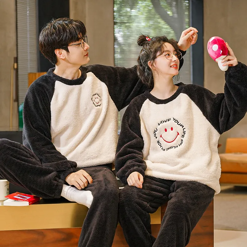 Autumn Winter Flannel Women's Pajamas Coral Fleece Couple Men's Loungewear Fleece-Lined Thickened Live Streaming Pajamas Long Sleeve Set · Wholesale · OEM · Worldwide Shipping - View 1