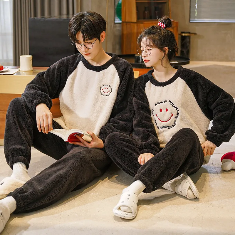 Autumn Winter Flannel Women's Pajamas Coral Fleece Couple Men's Loungewear Fleece-Lined Thickened Live Streaming Pajamas Long Sleeve Set · Wholesale · OEM · Worldwide Shipping - View 3
