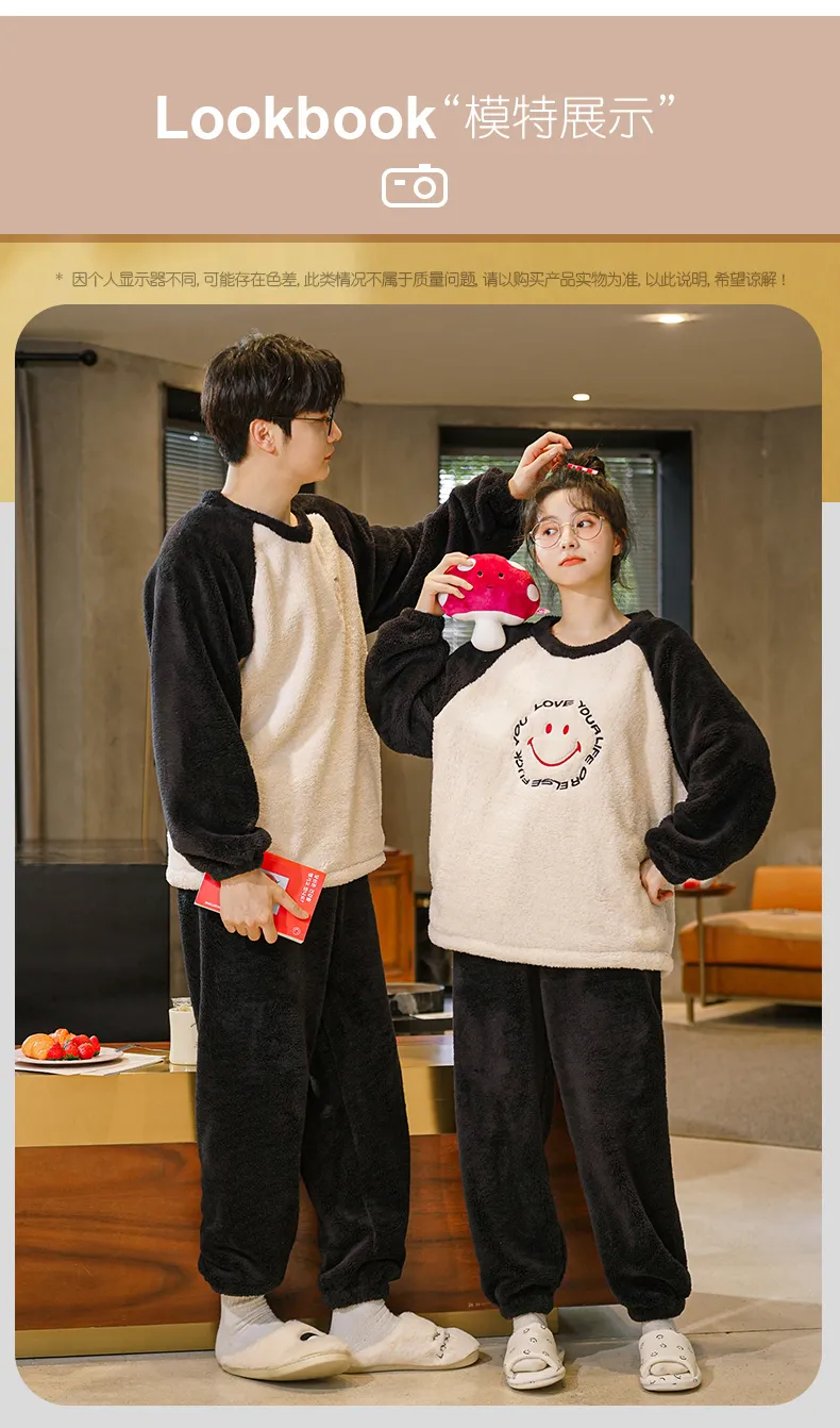 Autumn Winter Flannel Women's Pajamas Coral Fleece Couple Men's Loungewear Fleece-Lined Thickened Live Streaming Pajamas Long Sleeve Set · Wholesale · OEM · Worldwide Shipping - Detail 8