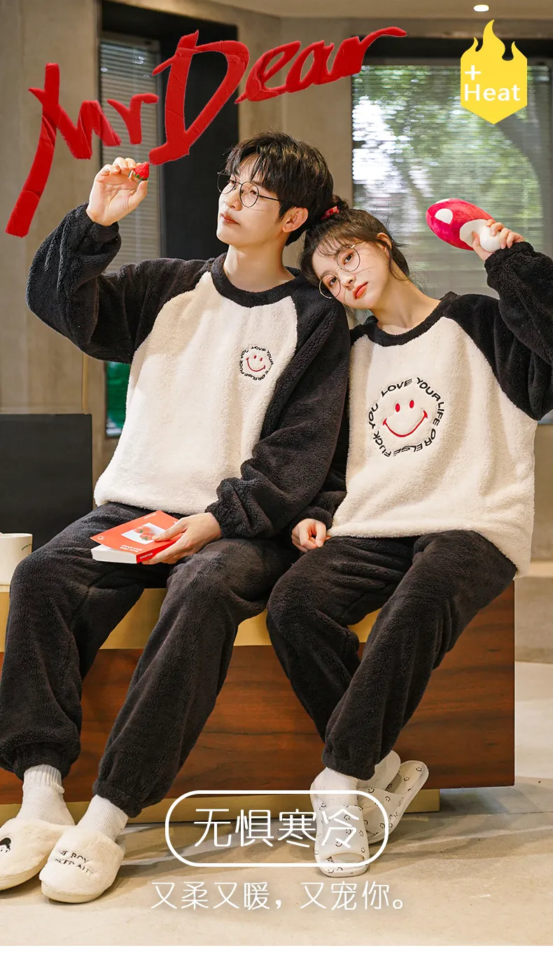 Autumn Winter Flannel Women's Pajamas Coral Fleece Couple Men's Loungewear Fleece-Lined Thickened Live Streaming Pajamas Long Sleeve Set · Wholesale · OEM · Worldwide Shipping - Detail 1