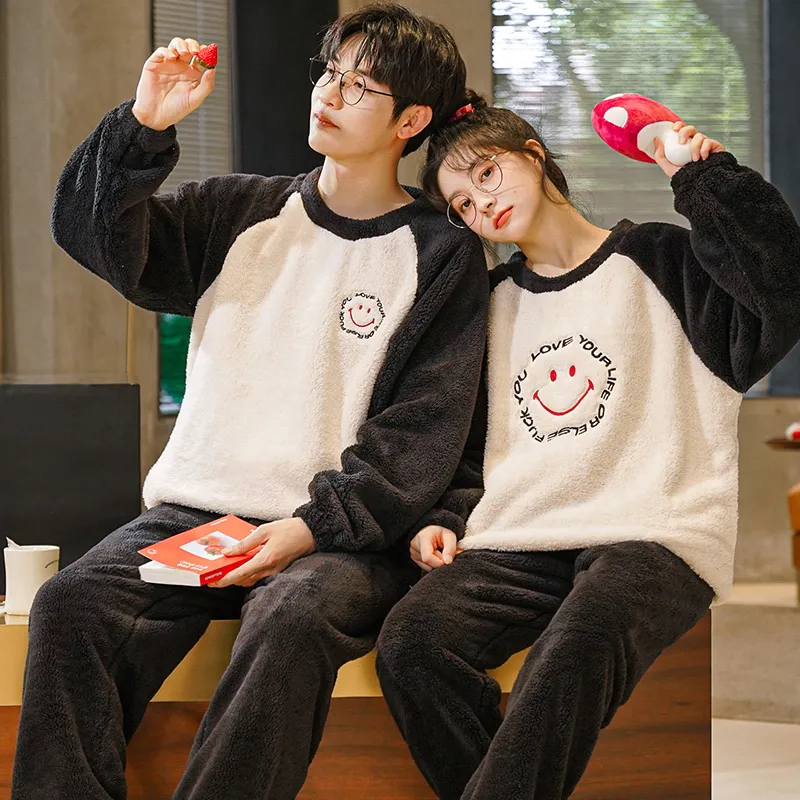 Autumn Winter Flannel Women's Pajamas Coral Fleece Couple Men's Loungewear Fleece-Lined Thickened Live Streaming Pajamas Long Sleeve Set · Wholesale · OEM · Worldwide Shipping