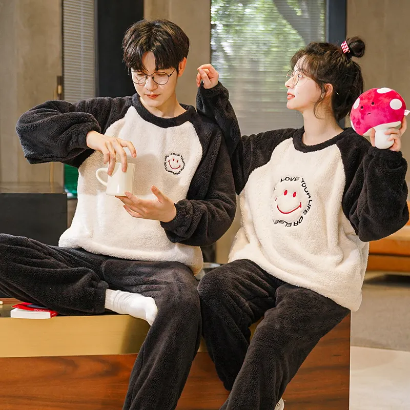 Autumn Winter Flannel Women's Pajamas Coral Fleece Couple Men's Loungewear Fleece-Lined Thickened Live Streaming Pajamas Long Sleeve Set · Wholesale · OEM · Worldwide Shipping - View 2