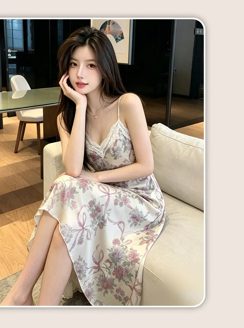 Sexy Spaghetti Strap Floral Nightdress Women Lace Backless Waist-Cinching Slimming Wearable Outside Loungewear Botanical Floral Long Dress · Wholesale · OEM · Worldwide Shipping - Detail 21