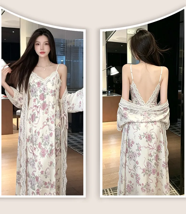 Sexy Spaghetti Strap Floral Nightdress Women Lace Backless Waist-Cinching Slimming Wearable Outside Loungewear Botanical Floral Long Dress · Wholesale · OEM · Worldwide Shipping - Detail 25