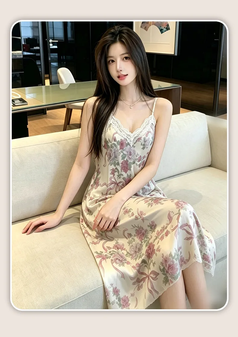 Sexy Spaghetti Strap Floral Nightdress Women Lace Backless Waist-Cinching Slimming Wearable Outside Loungewear Botanical Floral Long Dress · Wholesale · OEM · Worldwide Shipping - Detail 26