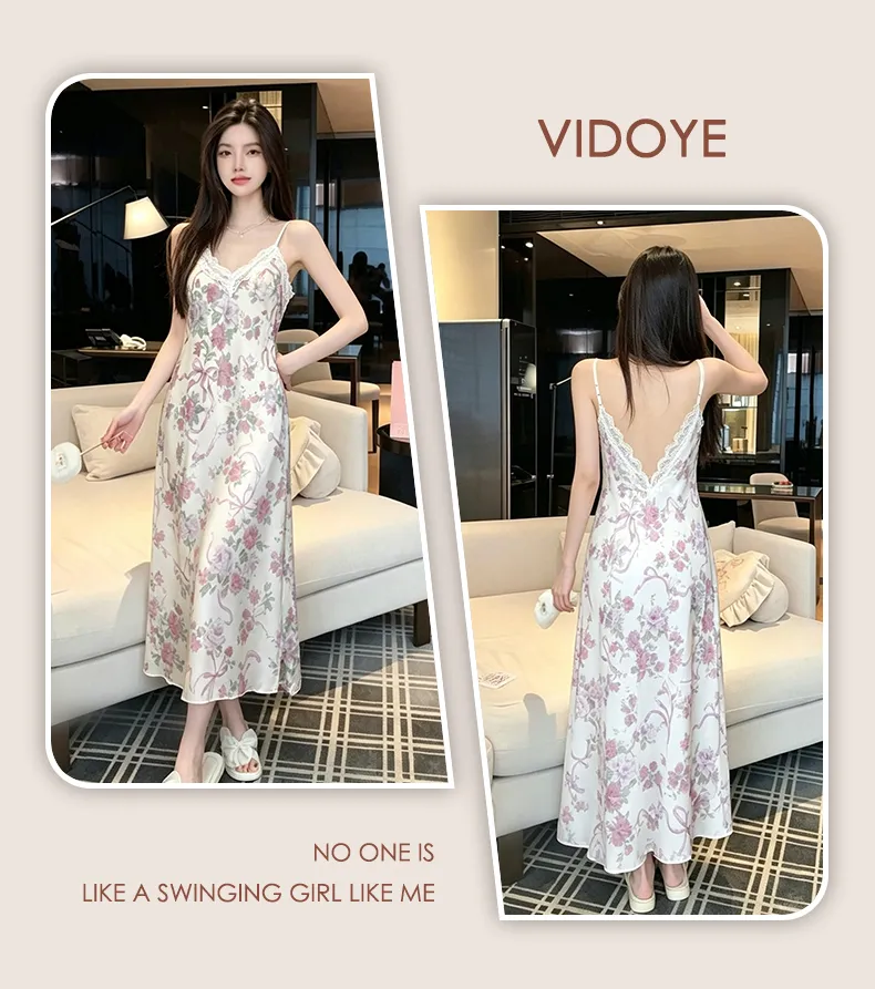 Sexy Spaghetti Strap Floral Nightdress Women Lace Backless Waist-Cinching Slimming Wearable Outside Loungewear Botanical Floral Long Dress · Wholesale · OEM · Worldwide Shipping - Detail 19