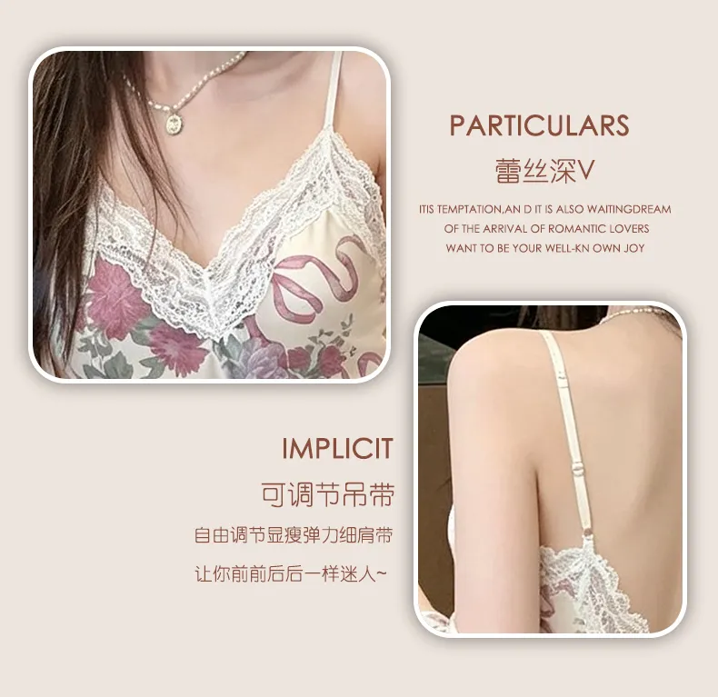 Sexy Spaghetti Strap Floral Nightdress Women Lace Backless Waist-Cinching Slimming Wearable Outside Loungewear Botanical Floral Long Dress · Wholesale · OEM · Worldwide Shipping - Detail 5