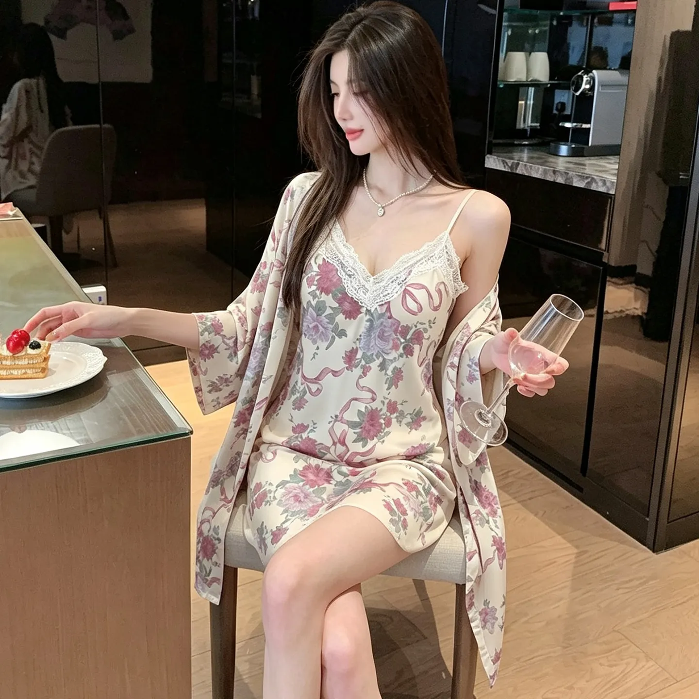 Sexy Spaghetti Strap Floral Nightdress Women Lace Backless Waist-Cinching Slimming Wearable Outside Loungewear Botanical Floral Long Dress · Wholesale · OEM · Worldwide Shipping - Detail 1